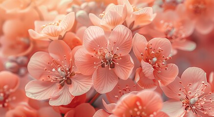 Beautiful close-up of peach blossoms in full bloom, capturing the delicate details and vibrant colors of these stunning flowers, bathed in soft sunlight.