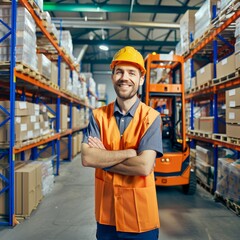 A man in a yellow safety vest stands in a warehouse with a forklift behind him