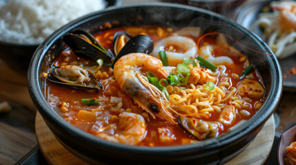 Spicy korean seafood stew with shrimp, mussels, and vegetables, served with rice in a flavorful red broth