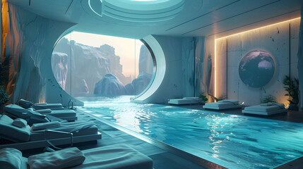 Futuristic resort spa: Photo realistic AI powered treatments integrating technology  relaxation