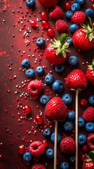 Scattered fresh berries with vibrant colors on a red textured background, ideal for food and nutrition themes.