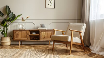 Stylish living space featuring a chic armchair and elegant wooden cabinet minimalist decor warm tones cozy and inviting
