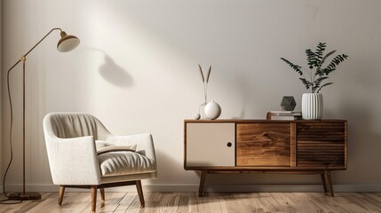 Stylish living space featuring a chic armchair and elegant wooden cabinet minimalist decor warm tones cozy and inviting