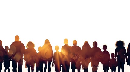 Silhouettes of a diverse group of people standing together against a sunset.