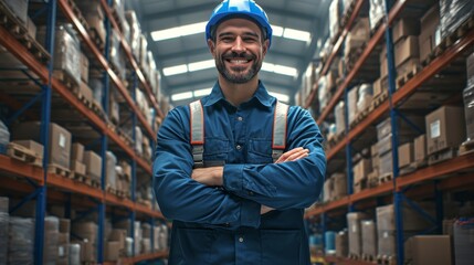A man in a yellow safety vest stands in a warehouse with a forklift behind him