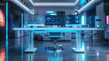 Futuristic Office Room with Automated Standing Desks Symbolizing Technology Integration and Ergonomics in Workplace   Photo Realistic Concept on Adobe Stock