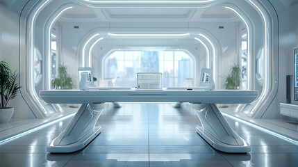 Futuristic Office Room with Automated Standing Desks Symbolizing Technology and Ergonomics Integration in Workplace   Photo Realistic Stock Concept