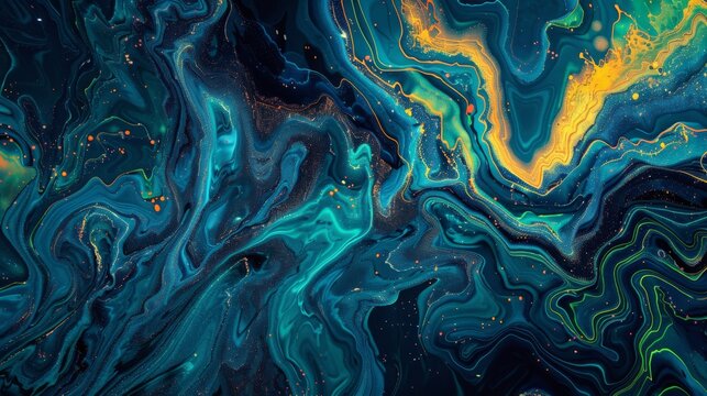 Dynamic glowing topographical map created with a random mix of tempera colors, liquid and modern