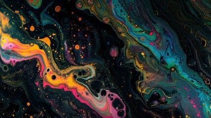 Modern liquid art with glowing tempera colors creating a topographical map effect, abstract and random