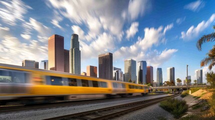 Modern city skyline with a train passing in the foreground.