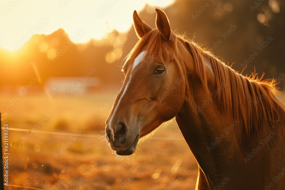 Poster a brown horse with a white face is standing in a field