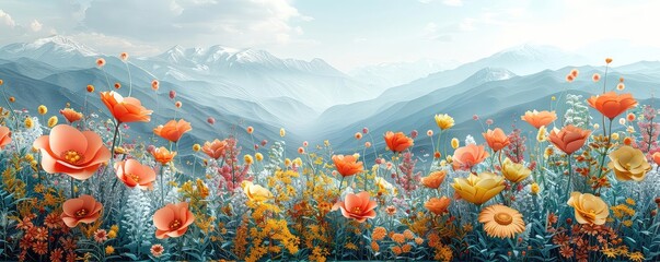 Highland Plateau with blooming meadows flat design side view spring vibrancy theme 3D render Complementary Color Scheme