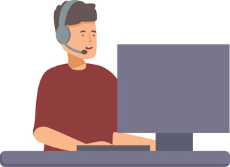 Customer service agent with a headset working at a computer station