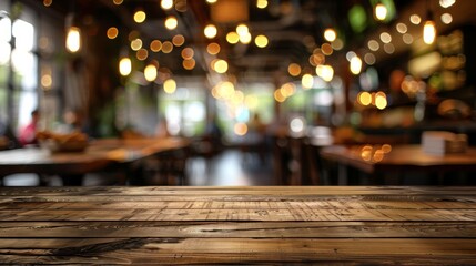 empty wooden tabletop with a blurred background of a bustling restaurant, perfect for showcasing food and drinks