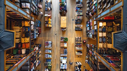 Aerial view of a spacious modern library with wooden shelves full of books and open spaces. Ideal for educational and architectural themes.