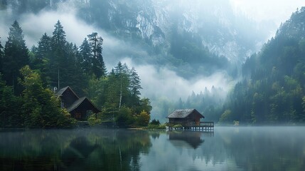 Fototapeta premium Serene lakeside cabins amidst misty forested mountains reflecting on calm water, evoking tranquility and natural beauty.