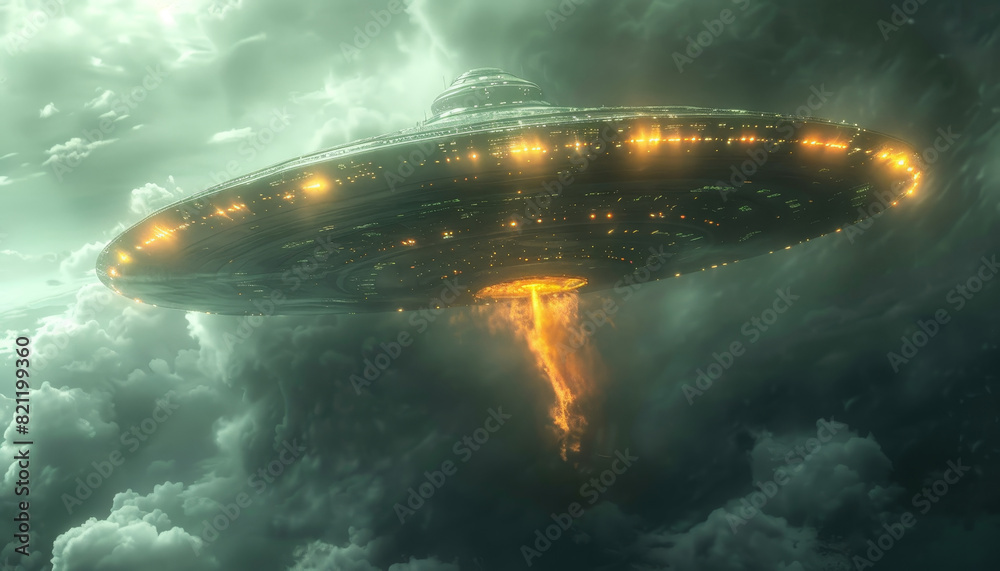 Wall mural a large spaceship is flying through a cloudy sky by ai generated image