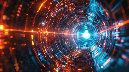 Obraz premium Futuristic digital technology abstract light tunnel with glowing orange and blue lights, perfect for tech backgrounds.