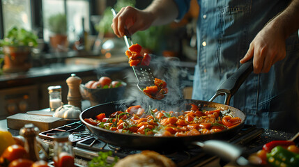 A man showcasing creativity and skill by cooking gourmet meals in a kitchen   Photo realistic concept capturing the art of culinary hobby.