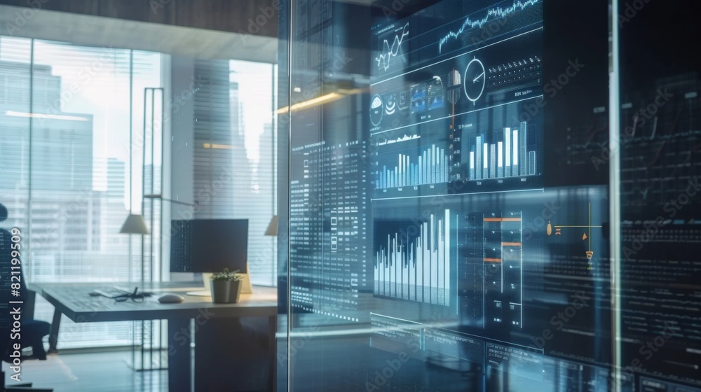 Fototapete Office with a transparent screen displaying interactive financial charts and analytics.
