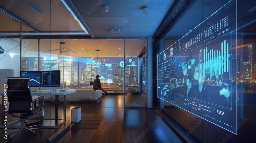 Leinwandbilder Office with a transparent screen displaying interactive financial charts and analytics.