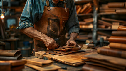 Skilled Artisan Crafting Leather Goods in Workshop: Creative and Tactile Hobby Concept