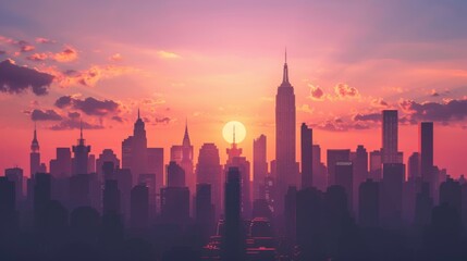 Panoramic skyline with iconic skyscrapers defining the silhouette of the city.