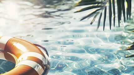 Close-up of a striped lifebuoy resting on the edge of a pool, with sparkling water and palm fronds