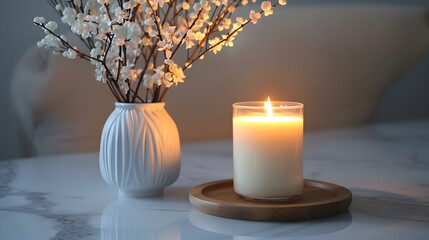 a lit candle placed on a wooden coaster. The candle emits a soft glow, illuminating its surroundings. To the left of the candle, there's a white vase holding delicate branches with small white flowers