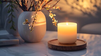 a lit candle placed on a wooden coaster. The candle emits a soft glow, illuminating its surroundings. To the left of the candle, there's a white vase holding delicate branches with small white flowers