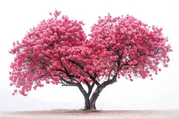 A charming heart-shaped tree in full bloom with pink flowers, placed in a serene garden with a simple white backdrop