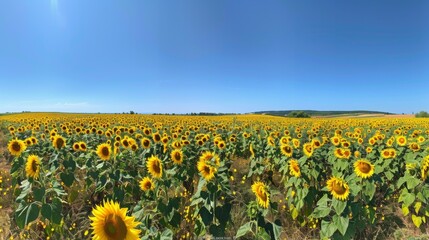 Obraz premium Panoramic view of a sunflower field under a clear blue summer sky.
