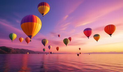 Fototapeta premium A group of hot air balloons floating in a purple sky over a body of water.