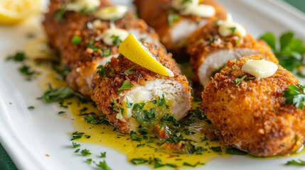 Beautifully presented chicken kyiv with fresh herbs, lemon wedges, and garlic butter sauce, captured in a stunning close-up shot