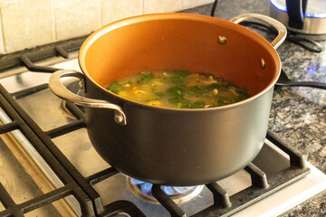 Pot with a soup cooking