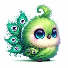 Fototapeta premium Cute Green Owl with Peacock Feathers, Adorable Blue-Eyed Owl Sublimation Design, Whimsical Owl and Peacock Hybrid Image, Fantasy Owl with Vibrant Peacock Tail Art 