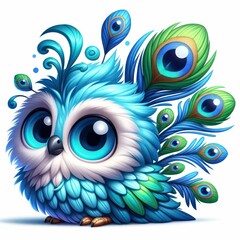 Naklejka premium Cute Blue Owl with Peacock Feathers, Adorable Blue-Eyed Owl Sublimation Design, Whimsical Owl and Peacock Hybrid Image, Fantasy Owl with Vibrant Peacock Tail Art 