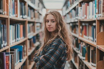 A girl with long hair stands in a library with bookshelves behind her