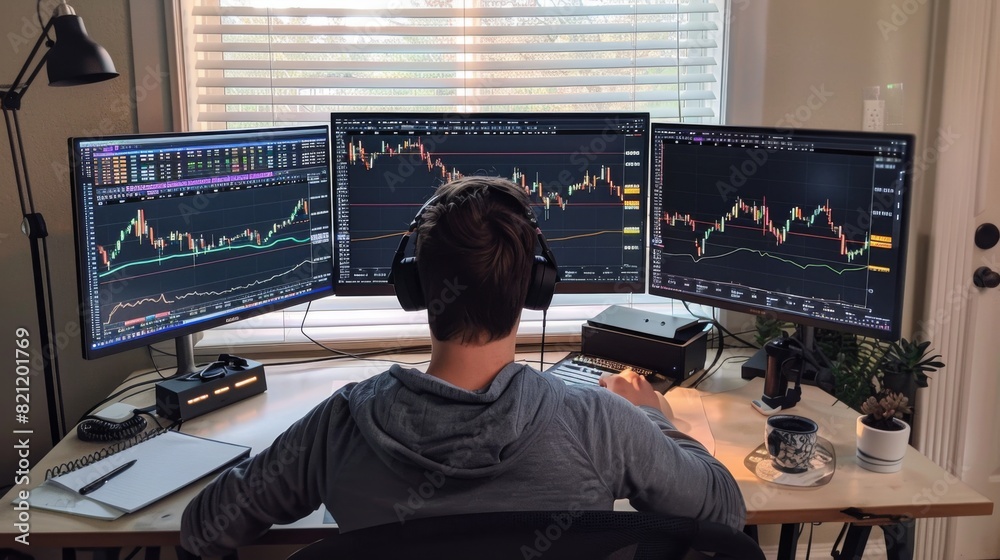 Poster Person writing notes while analyzing stock charts on a dual-monitor setup.