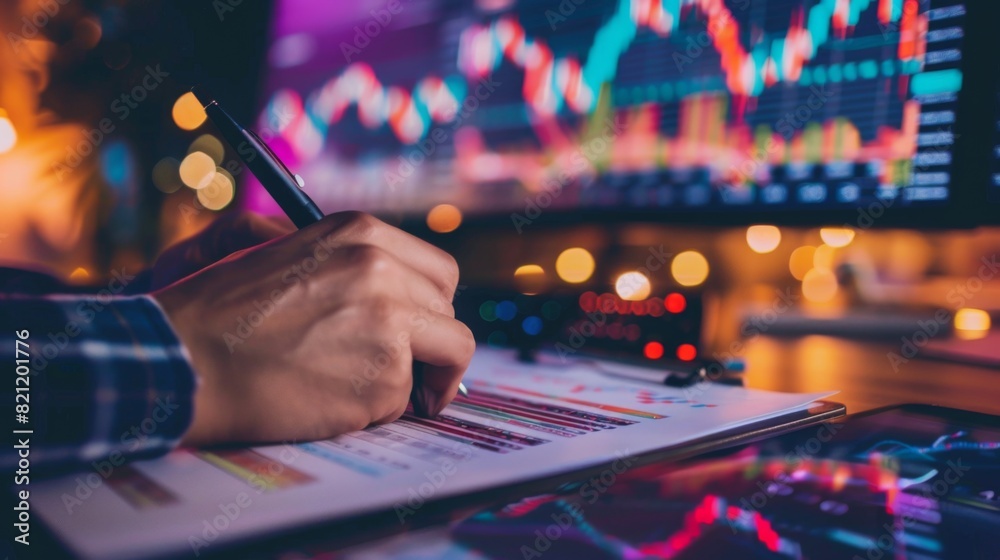 Poster Person writing notes while analyzing stock charts on a dual-monitor setup.
