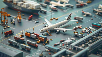 Realistic 3D Logistics Hub Render with Cargo Planes, Trucks, and Ships at Airport and Port