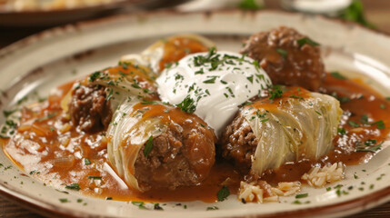 Traditional ukrainian cuisine: stuffed cabbage rolls with sour cream on a rustic plate, garnished with chopped herbs