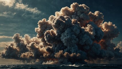 A large cloud of smoke is rising from the ocean,. - Powered by Adobe
