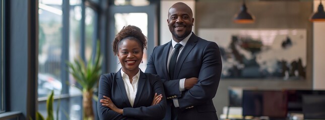 smiling black businessman and businesswoman in a suit standing, on a office interior background. Business success concept. a male manager and a female director in a modern office space. generative AI