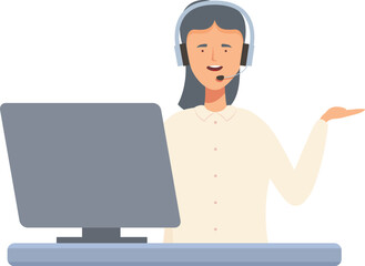 Illustrated customer service agent with headset speaking and gesturing in front of a computer