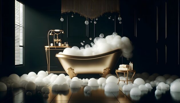 Luxurious bathroom scene with a golden bathtub filled with bubbles, surrounded by elegant decor and soft lighting, perfect for a relaxing and indulgent bath experience.