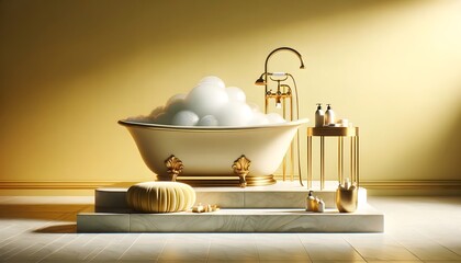 Vintage-style bathroom with a golden bathtub overflowing with bubbles, surrounded by elegant decor and soft lighting, evoking a sense of luxury and nostalgia.