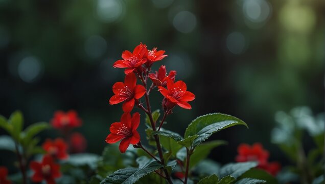 A close up of a plant with bright red flowers,.
