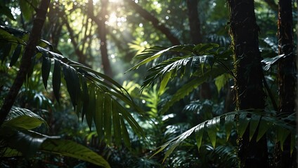 Fototapeta premium A close up of a tropical jungle with sunlight shining through the leaves,.