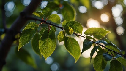 A close up of a tree branch with leaves and sun,.